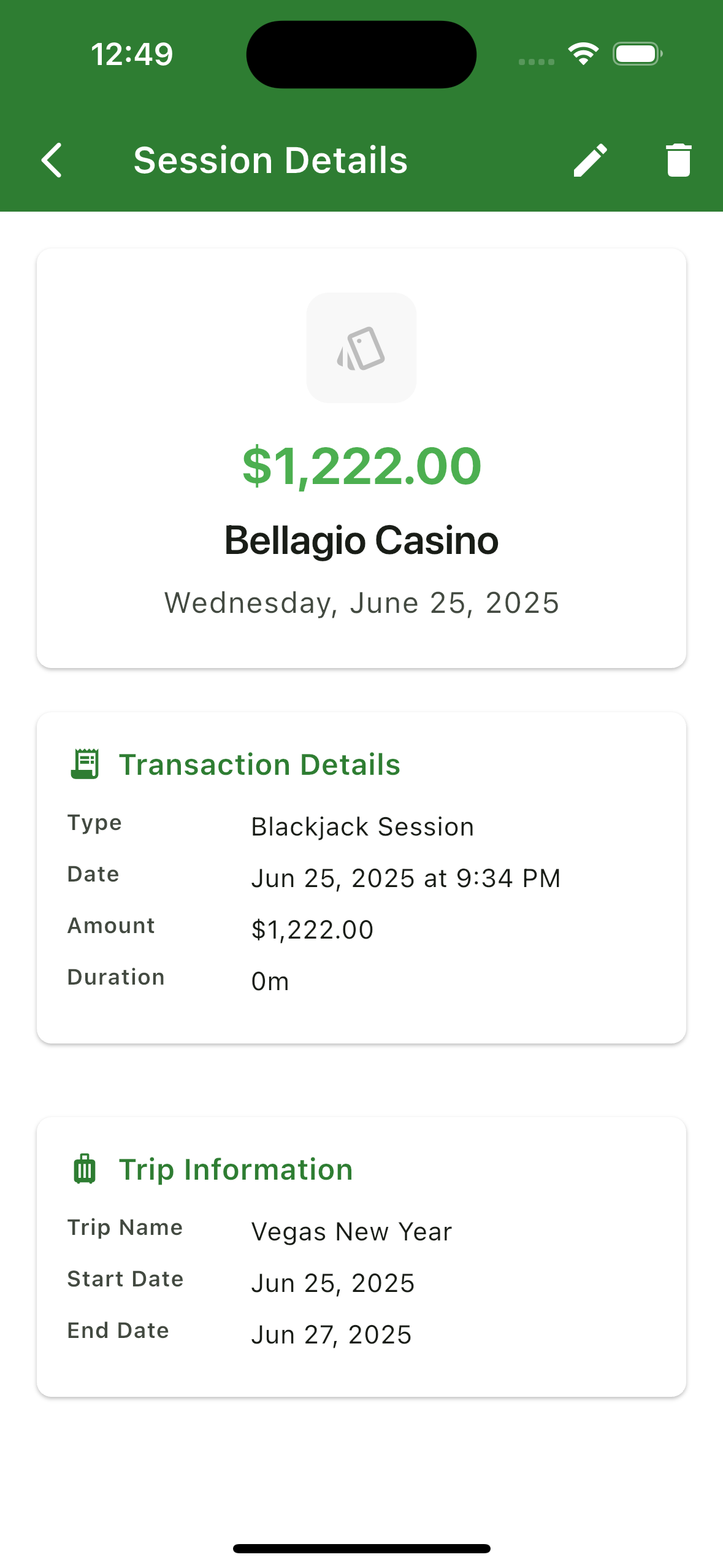 Blackjack Logger Trip Organization Dashboard